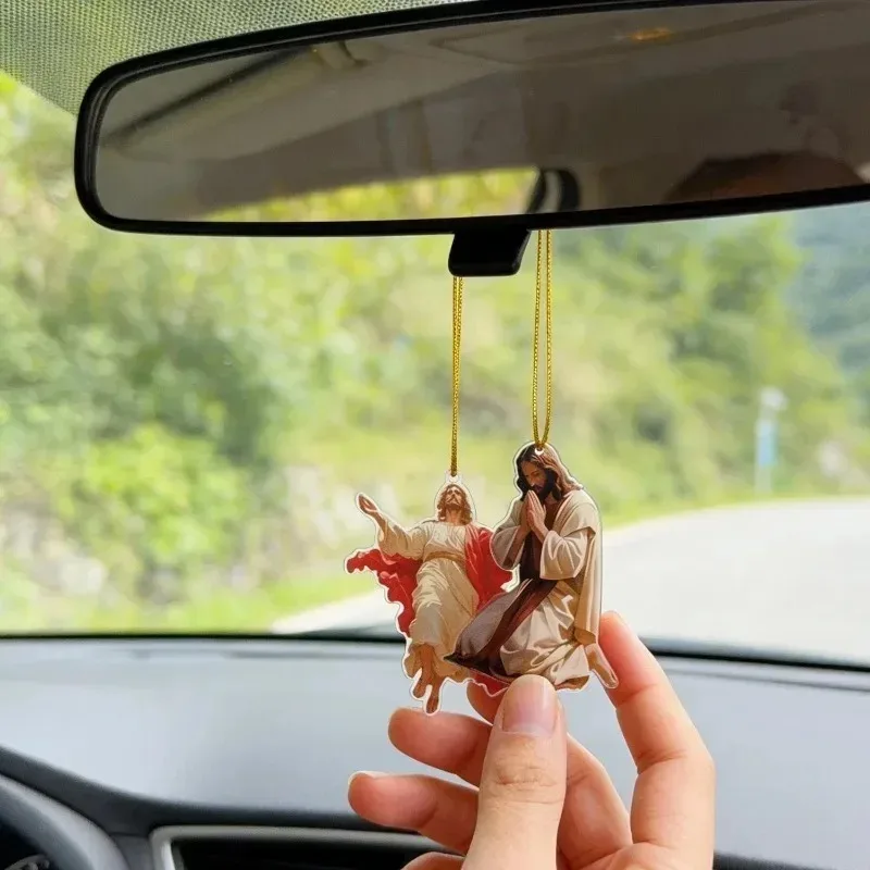 1/4 Pcs Jesus Necklace Pendants Keychains Acrylic Sacred Ornaments for Christmas Trees Holiday Car Mirror Decorations