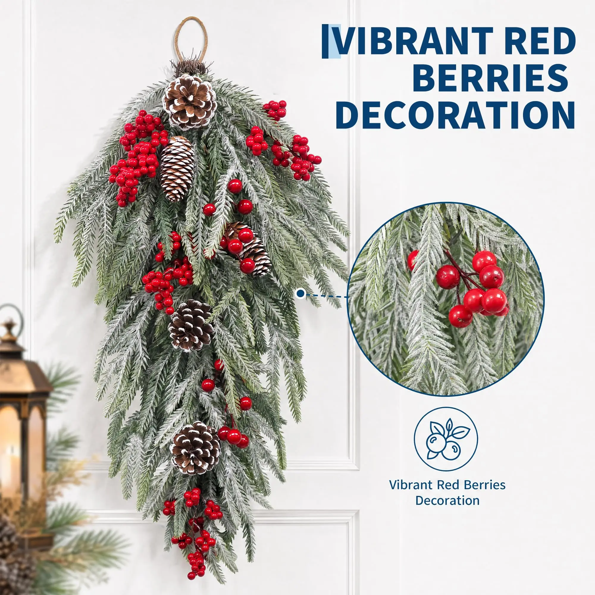 24 Inch Pre Lit Flocked Christmas Teardrop Swag With Timer 8 Lighting Modes Snow Flocked Artificial Pine Door Swag With Red Berries And Pinecones Winter Holiday Decor For Front Door 4