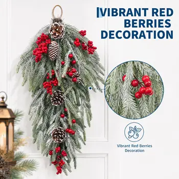 24 Inch Pre Lit Flocked Christmas Teardrop Swag With Timer 8 Lighting Modes Snow Flocked Artificial Pine Door Swag With Red Berries And Pinecones Winter Holiday Decor For Front Door 4