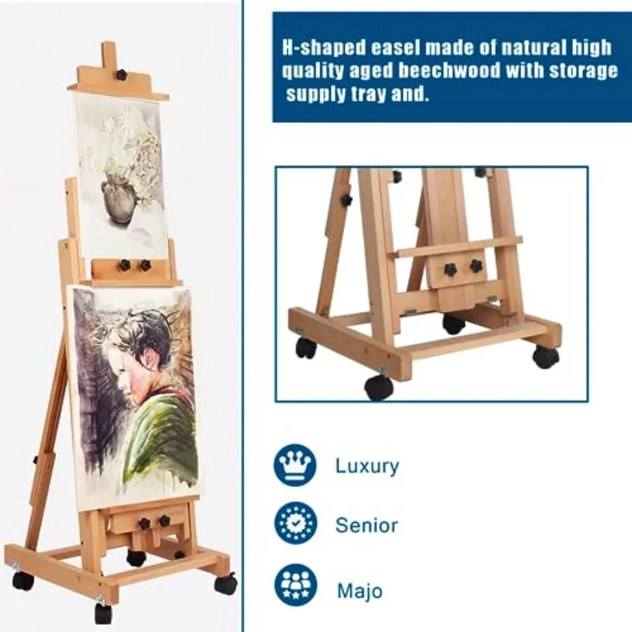 Adjustable Wooden Painting Easel H-Frame Studio Art Easel on Wheels for Painting 56.30-91.34in Adjustable Height Extra Large He