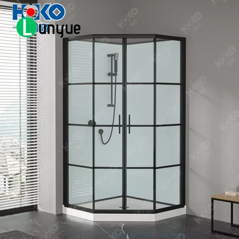 Luxury Black Aluminum Frame Shower Enclosure 8mm Tempered Glass Waterproof Square Design Rotating Door Simple Bathroom