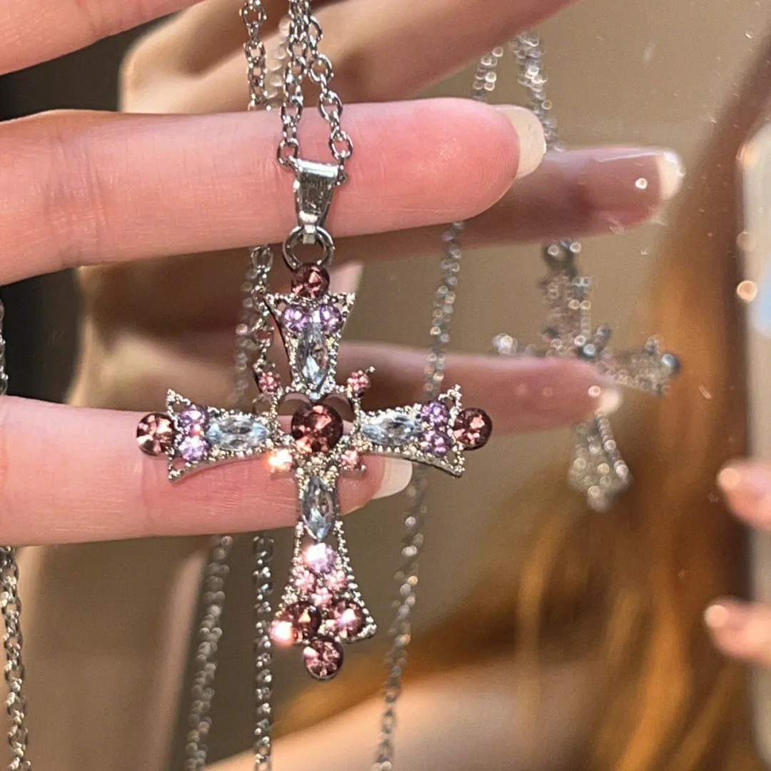

Pink Rhinestone Cross Pendant Necklace Earrings for Women Fashion Y2K Goth Necklace Collar Items Gift