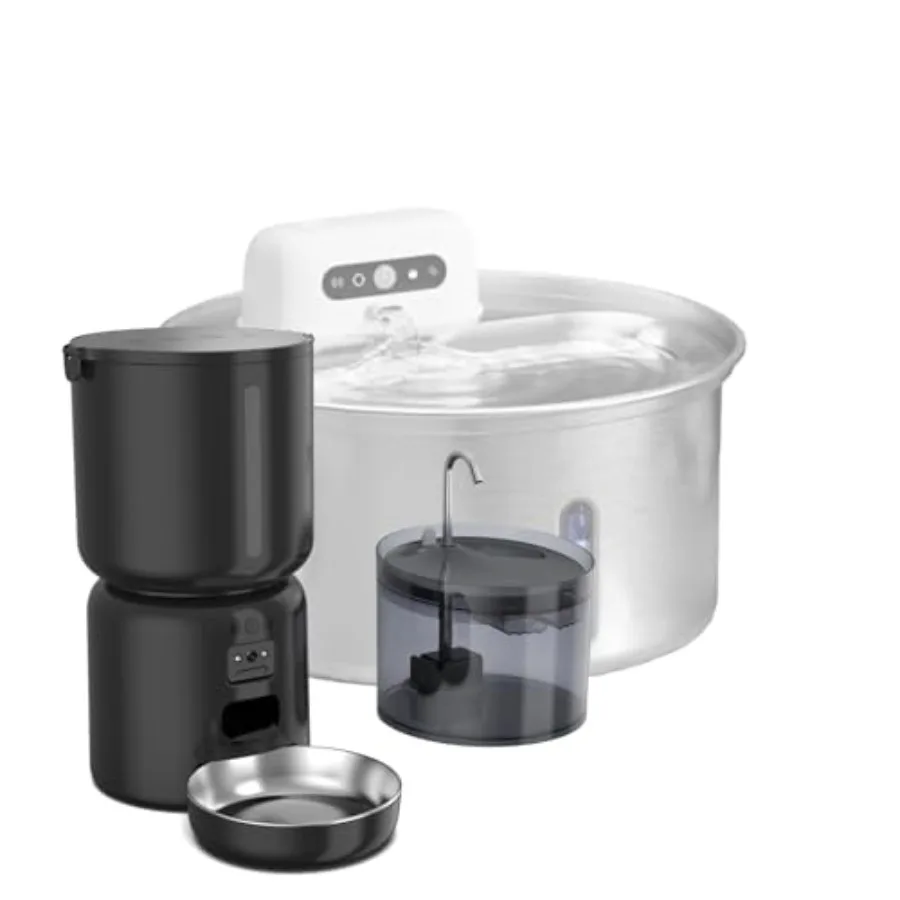 

Smart Automatic Cat Feeder and Waterer Set with 4L App-Controlled Feeder 2MP Camera WiFi Anti-Clog for Mixed Food 2.2L Filtered