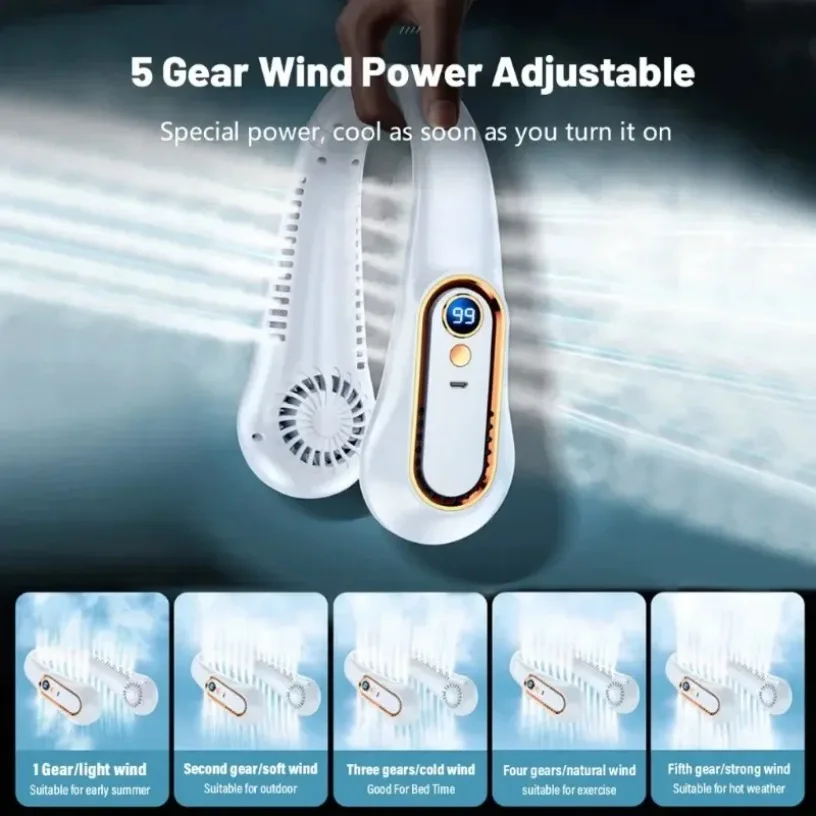 2026 New 5-Speed Neck Fan Portable Fan with 720° Dual-Sided Cooling Wind Digital Display USB Rechargeable for Outdoor Gym Office image 5