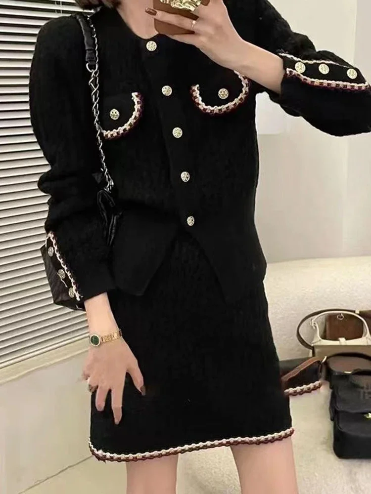 2024 Autumn Winter Knitted Two Piece Sets Womens Office Lady Long Sleeve Knitted Cardigan Sweater High Waist Skirt Suit Women\'s