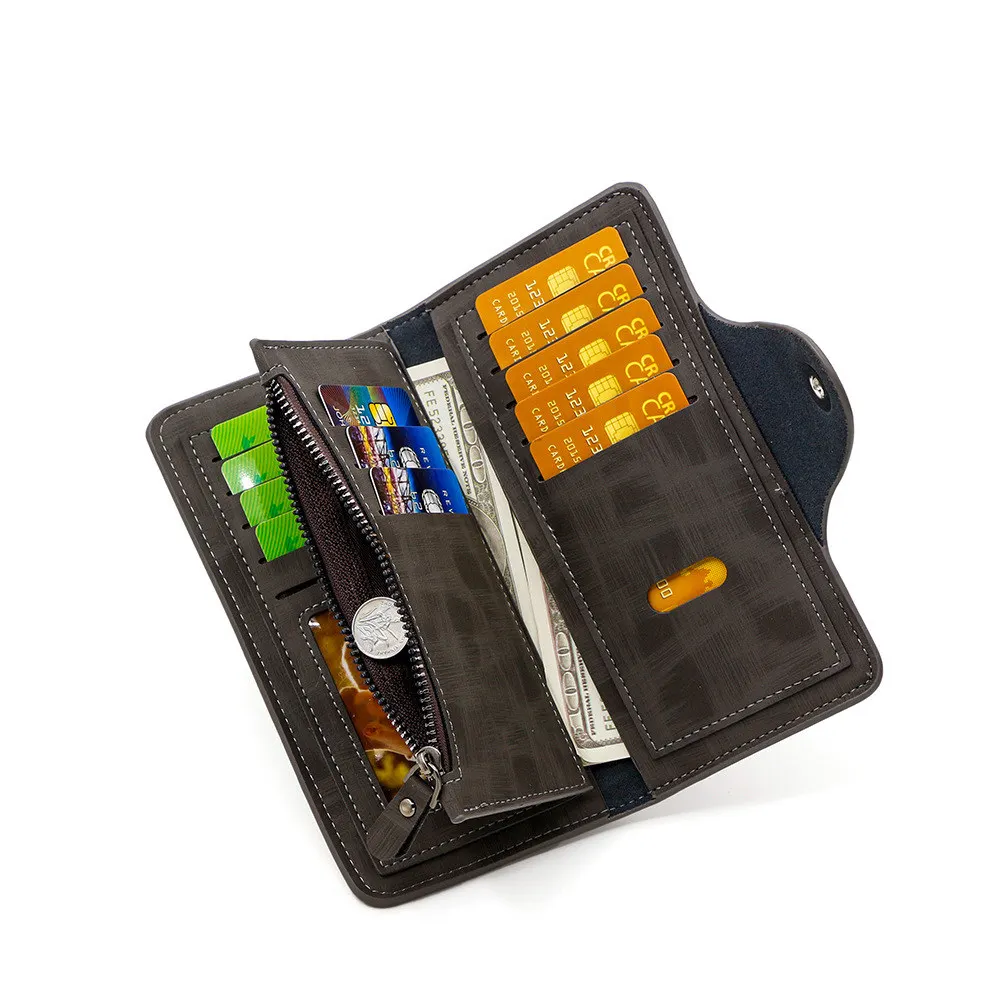 레트로 PU 가죽 남성용 지갑 멀티 카드 슬롯 대용량 자석 버클 지퍼 동전 주머니 포함