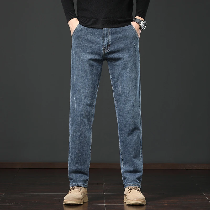 Classic Men's Fitted Straight Jeans Autumn New Fashion Scratched Elastic Denim Pants Basic Casual Pants Brand Male Clothes