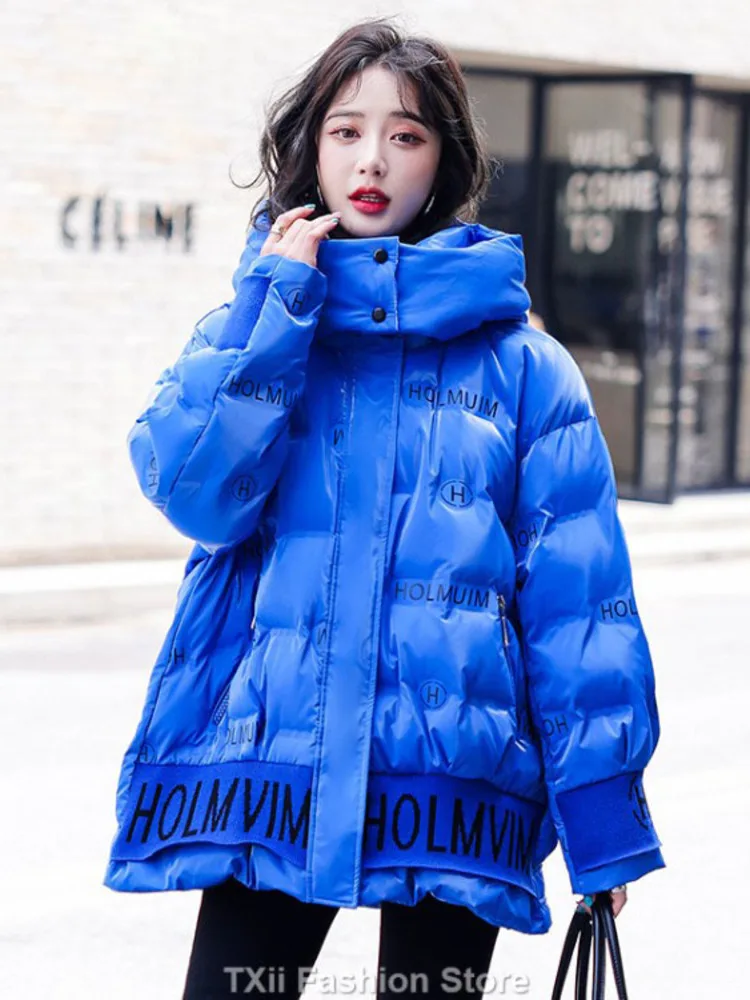 TXii Letter Print Down Jackets Women Hooded Fashion Short Parkas Thick Warm Winter Jacket High Quality Glossy Puffer Coat Female