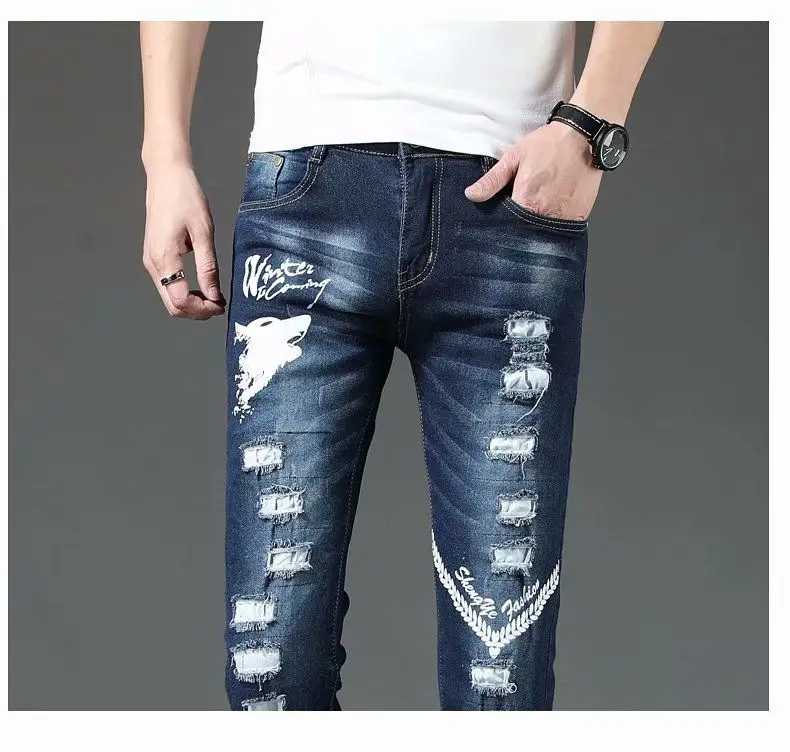 กางเกงยีนส์ยืดใหม่ สไตล์ Y2K ยุค 2000 ปักลายสไตล์เกาหลี ขาดๆ พิมพ์ลาย แฟชั่น กางเกงขายาวทรงสลิมฟิตสำหรับผู้ชาย ไซส์เล็ก สไตล์ลำลอง