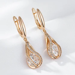 Wbmqda Hot Luxury Natural Zircon Long Dangle Earrings For Women 585 Rose Gold Color Sparkling Bridal Wedding Party Fine Jewelry