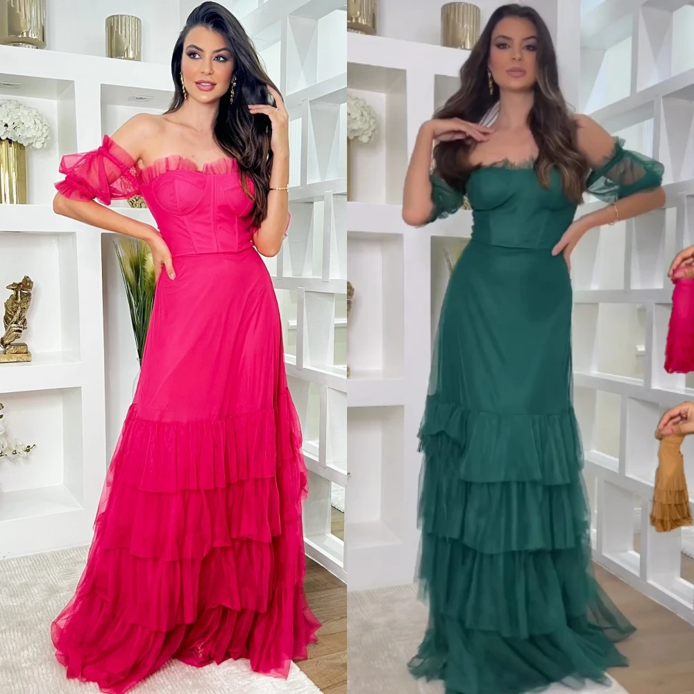 Tulle Draped Tiered Clubbing A-line Off-the-shoulder Bespoke Occasion Gown Long Dresses