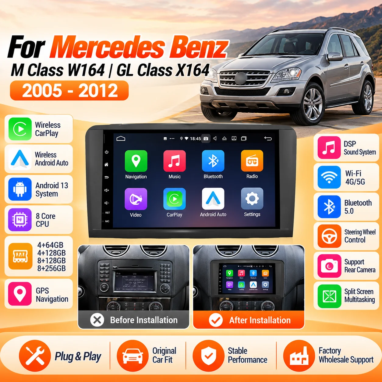 GPS Navigation Android Car Radio Multimedia For Mercedes-Benz ML GL W164 X164 2005-2012 M-Class GL-Class Stereo Head Unit