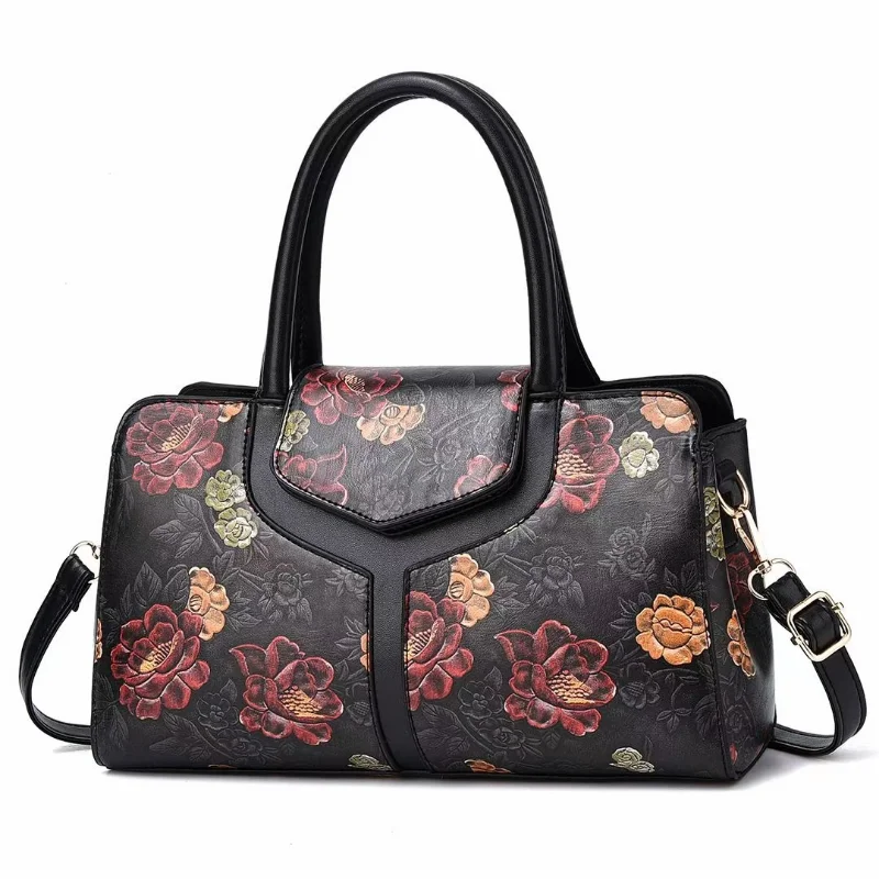 Fashion Shoulder Tote Bag for Women Retro Flower Pattern Portable Satchel PU Commuting Luxury Boston Female Crossbody Handbags