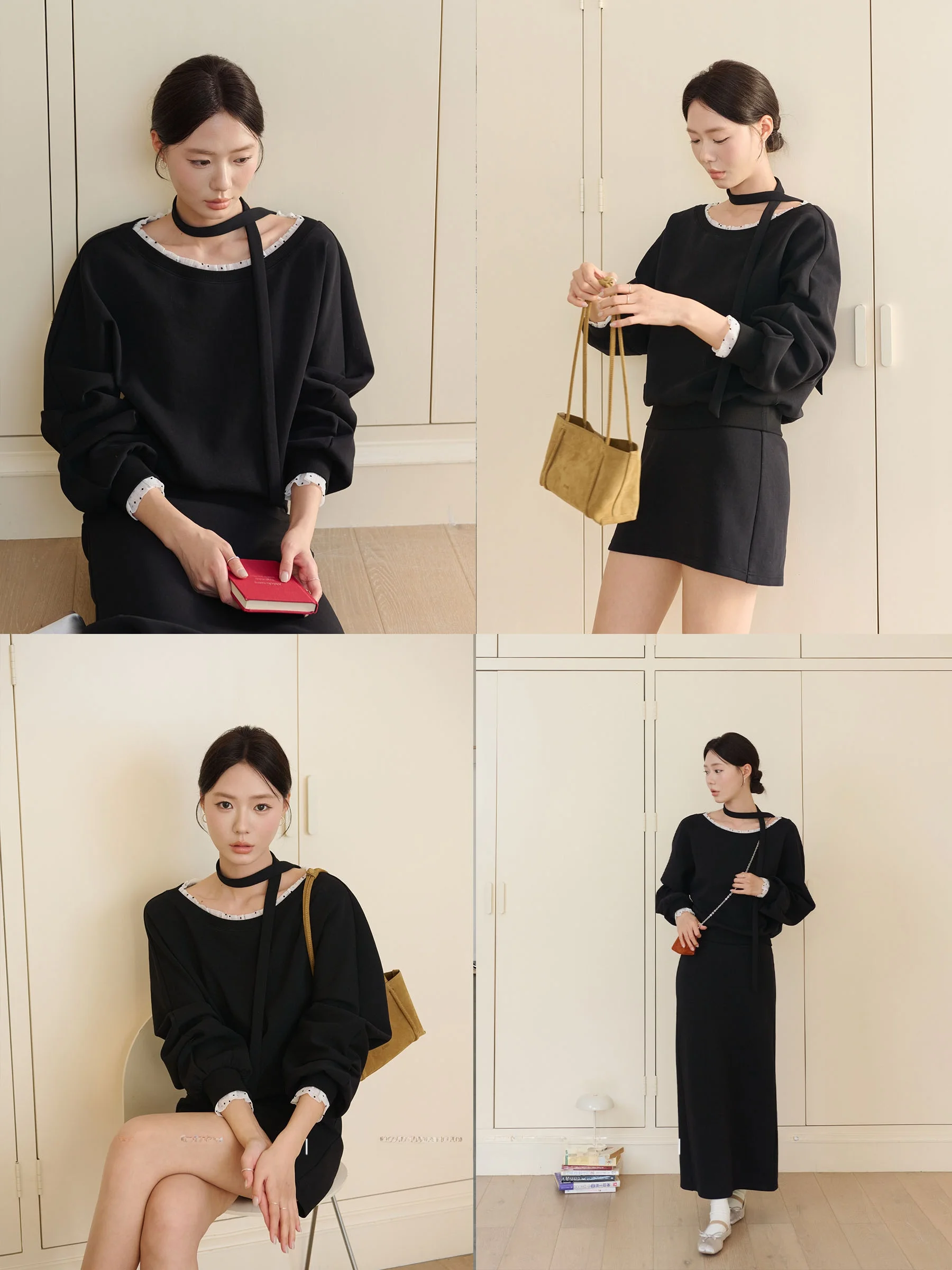 

Laid-ba Korean Sle Airy Cotton Sweatirt Set with Double Layered Wood ain Ruffle Polka Dot Print for Spring