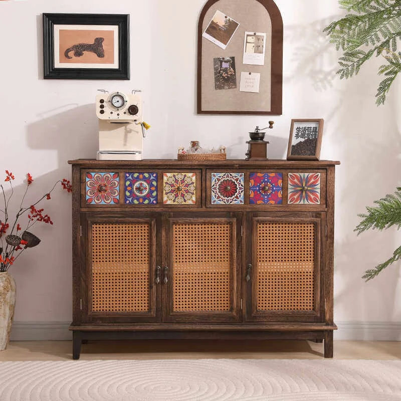 Retro-Rattan-Aufbewahrungsschrank, amerikanischer Holz-Wohnzimmer-Esszimmerschrank, multifunktionaler Möbel-Rangement-Schrank, Wohnzimmermöbel