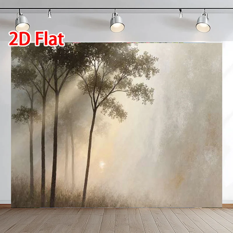 Atmospheric Forest Scene Wall Hanging Art - Misty Sunlight Through Tall Trees for Living Room Decor