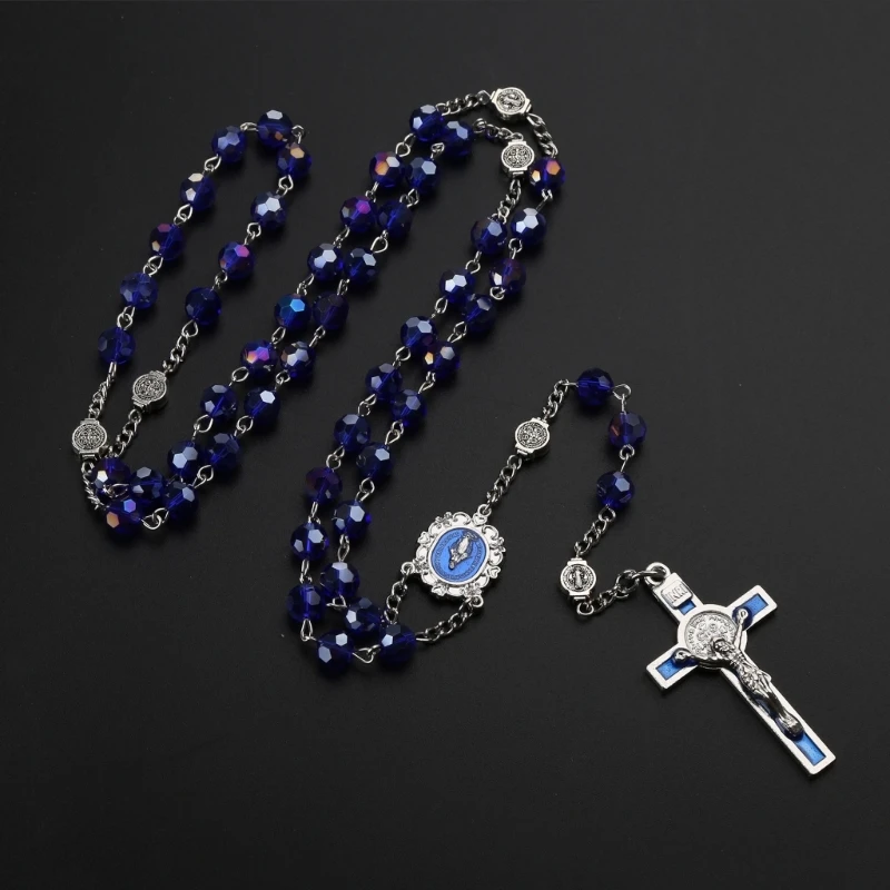 Vintage Blue Crystal Bead Rosary Necklace for Men and Women, Catholic Religious for Cross, Jesus Pendant Necklaces