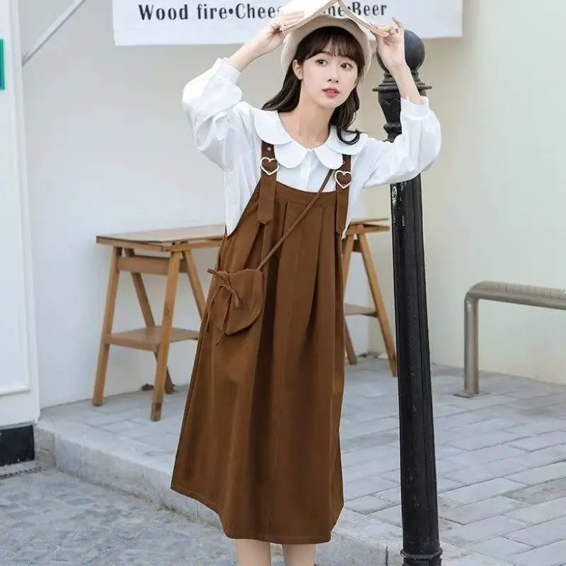 Kawaii Lolita Peter Pan Collar Shirt Sleeveless Suspender Strap ALine Dress Cute Casual Loose Outfit College Style Student Dress