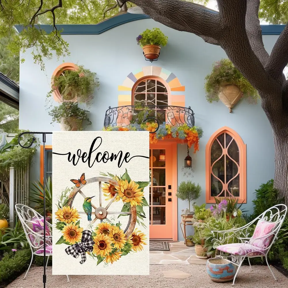 Welcome Brilliant spring Decor garden flag Hummingbird Flowers Butterfly Buffalo Plaid Bowknot Wooden wheel 12x18 inch Doubl SSL