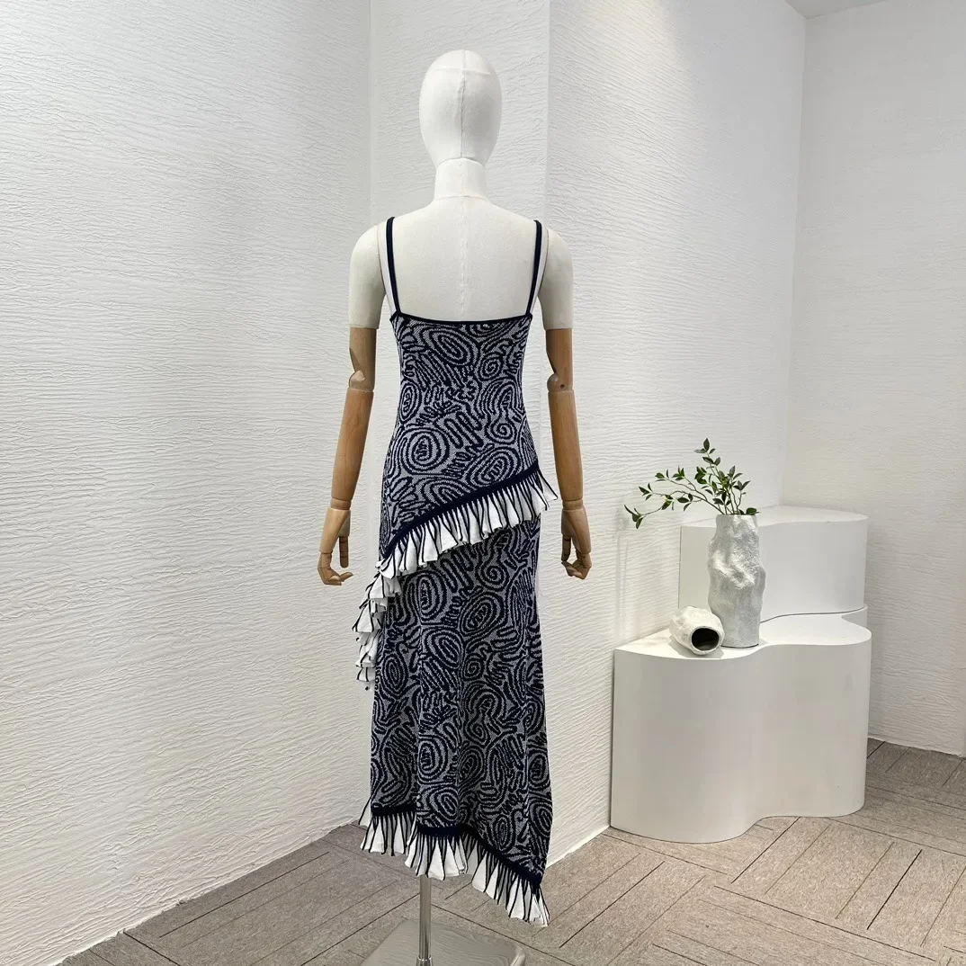 2024 New Women Casual Navy Blue Sleeveless Ruffles Knit Asymmetrical Hem Pullovers Tops Skirt Set