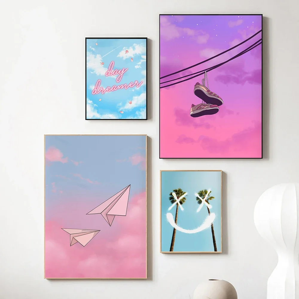 Peinture sur toile (2D) – Ciel d'été, nuages, lumières – Affiche d'art anime japonais – Fille rêveuse abstraite moderne