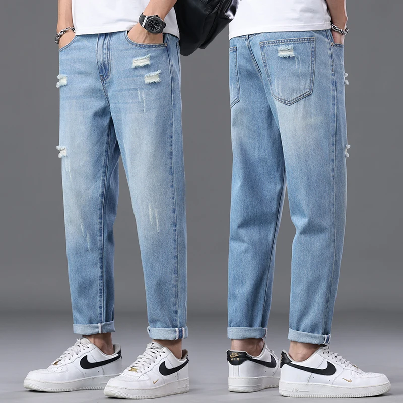 

2026 Spring Summer Men's Ripped Jeans Cotton Trendy Straight Casual Denim Pants Trousers Outdoor Pastoral Outing
