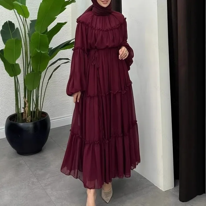 Robe musulmane du moyen-orient pour femmes, couleur unie, décontractée, tendance, élégante, ample, col rond, manches lanternes, avec ceintures, nouvelle mode 2025