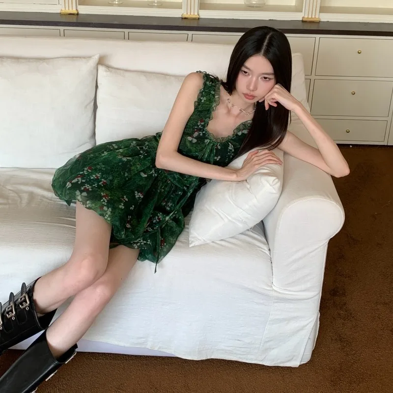 Retro V-ausschnitt Floral Rüschen Krawatte Leibchen Ärmelloses Grün Chiffon Puff Kleid Für Frauen Sommer Schlank Mori Mädchen Fee A-linie Kleid