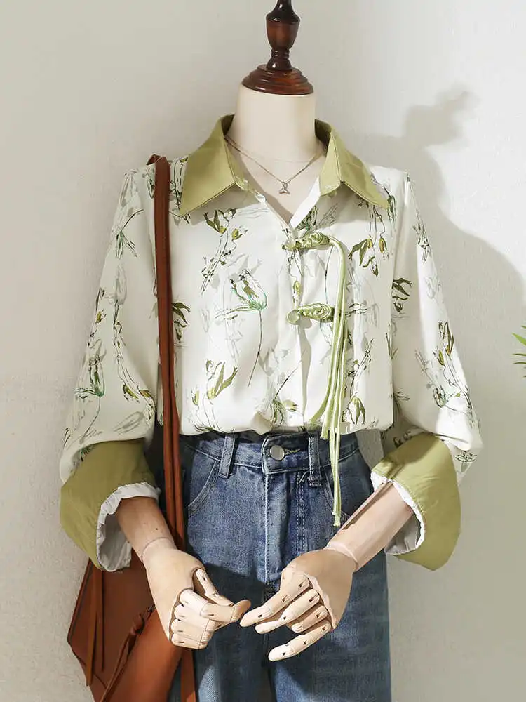 Retro Floral Casual Women's Long Sve Chiffon Top Loose Fit Spring New Sle Chinese Sle Slimming Women's Faion irt