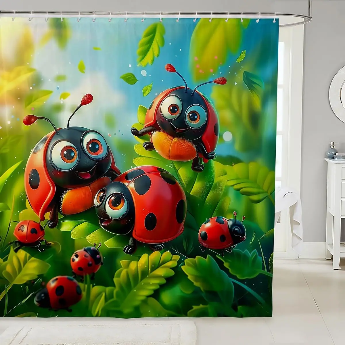 Cute Cartoon Ladybug Shower Curtain Kids Bathroom Decor Waterproof Cartoon Insects Kids Shower Curtain Gift