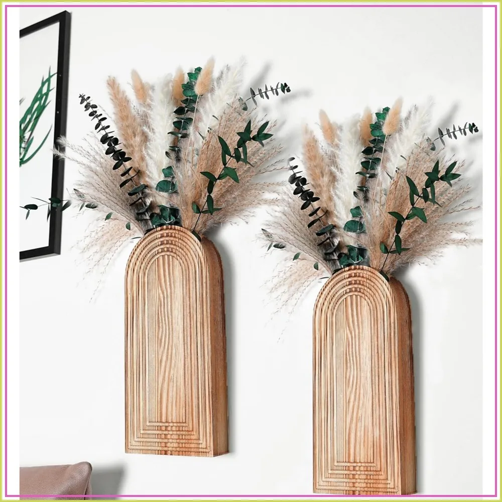 

Set of 2 Wooden Vases with Pampas Grass & Eucalyptus – Boho Wall Decor for Living Room, Entryway, Bathroom