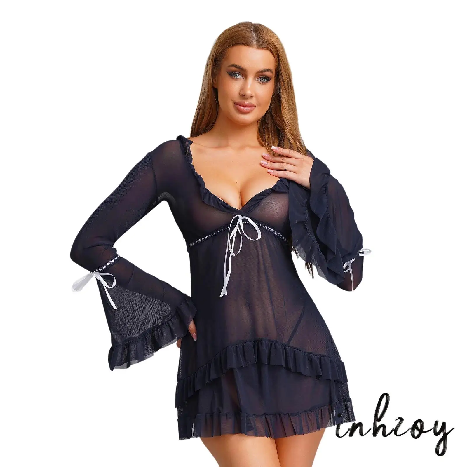 

Erotic Womens Sheer Mesh Dress V Neck Flared Sleeve Lace-up Ruffled Mini Dress with Sheer Thong Nightwear Beachwear Loungewear