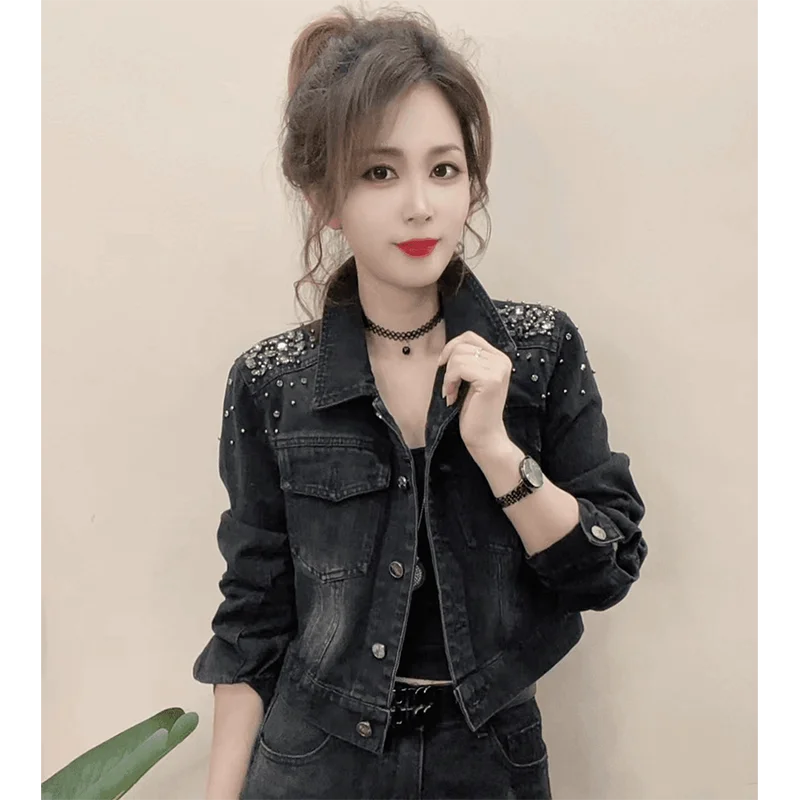 Ladies New Spring Autumn Beaded Rhinestone Denim Jacket Feels Short Stylish Loose Versatile Women's Single-Breasted Denim Jacket