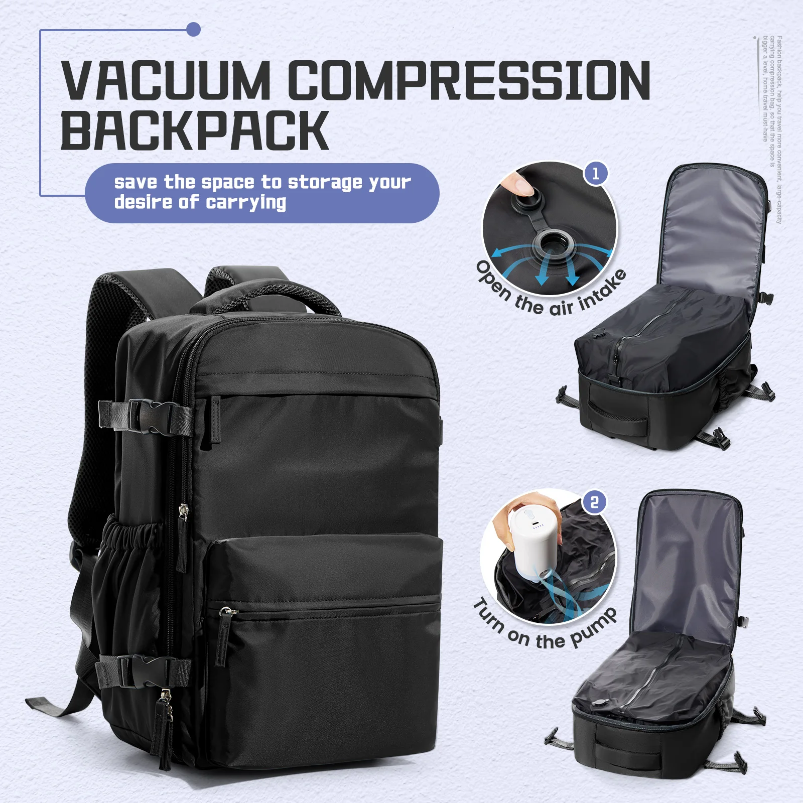 Mochila masculina de compressão a vácuo, mochila para laptop de 15,6 polegadas, mochila de viagem a vácuo para caminhadas, mochila Ryanair 40x20x25 bolsa de cabine