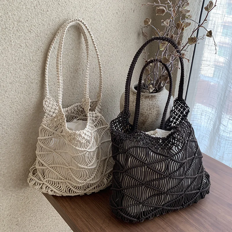 Travel Beach Fishing Net Handbag Woven Shoulder Bag Cotton Rope Beach Bag Crochet Knit Purse for Women