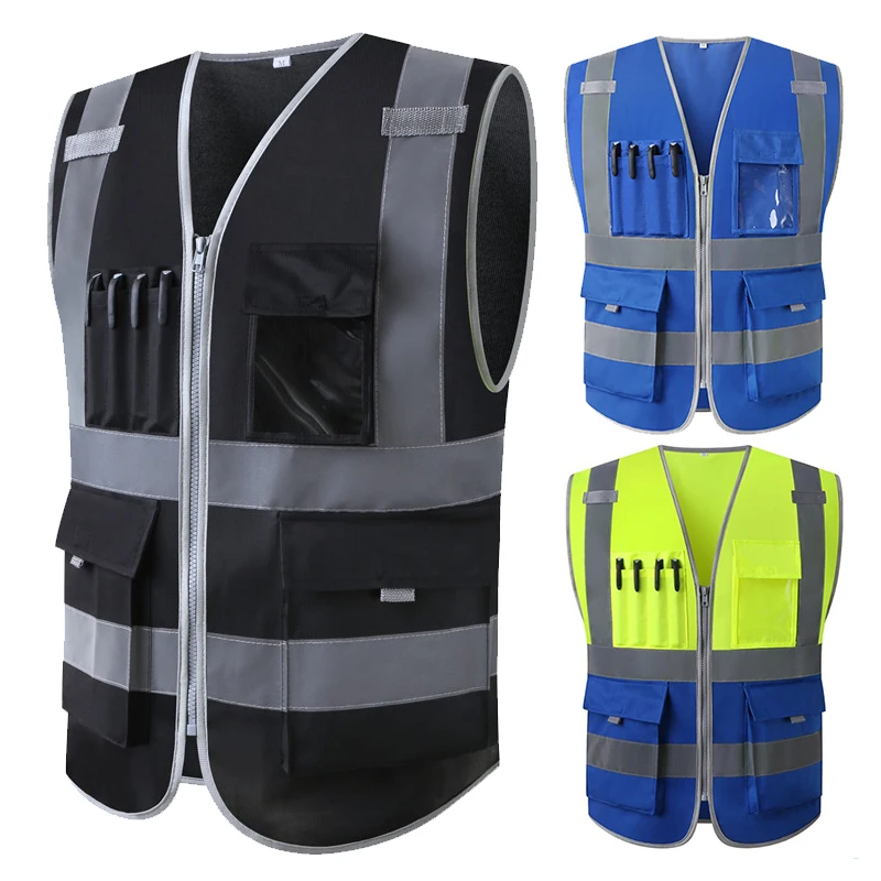 

High Visibility Reflective Vest Zipper Safety Vest With Reflective Strip Construction Workwear Black Safety Reflective Vest