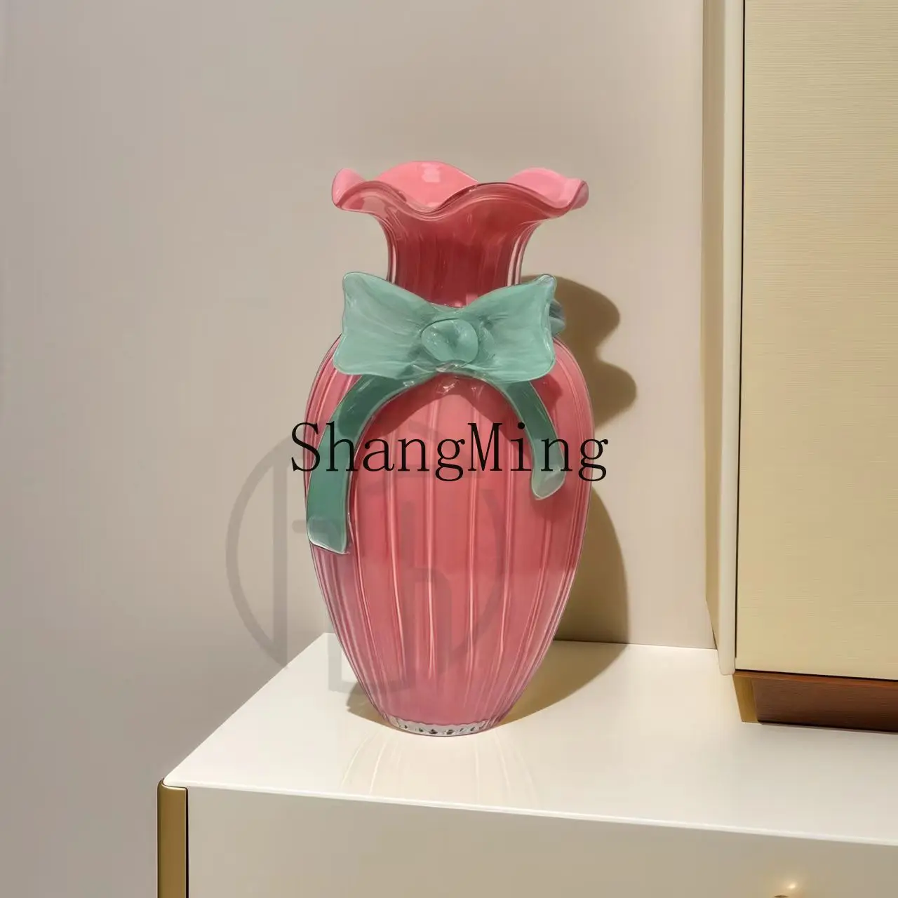 

CL retro pink bow glazed glass vase flower arranger living room dining table hydroponic flowers