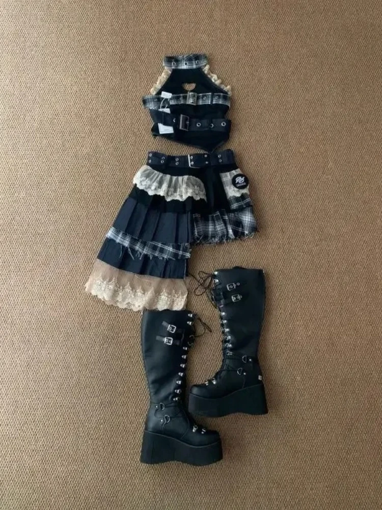 Summer Spicy Girl Vintage 2 Piece Sets Y2k Lace Splice Sleeveless Tops + Irregular Mini Skirt Female Punk Style Design Outfits