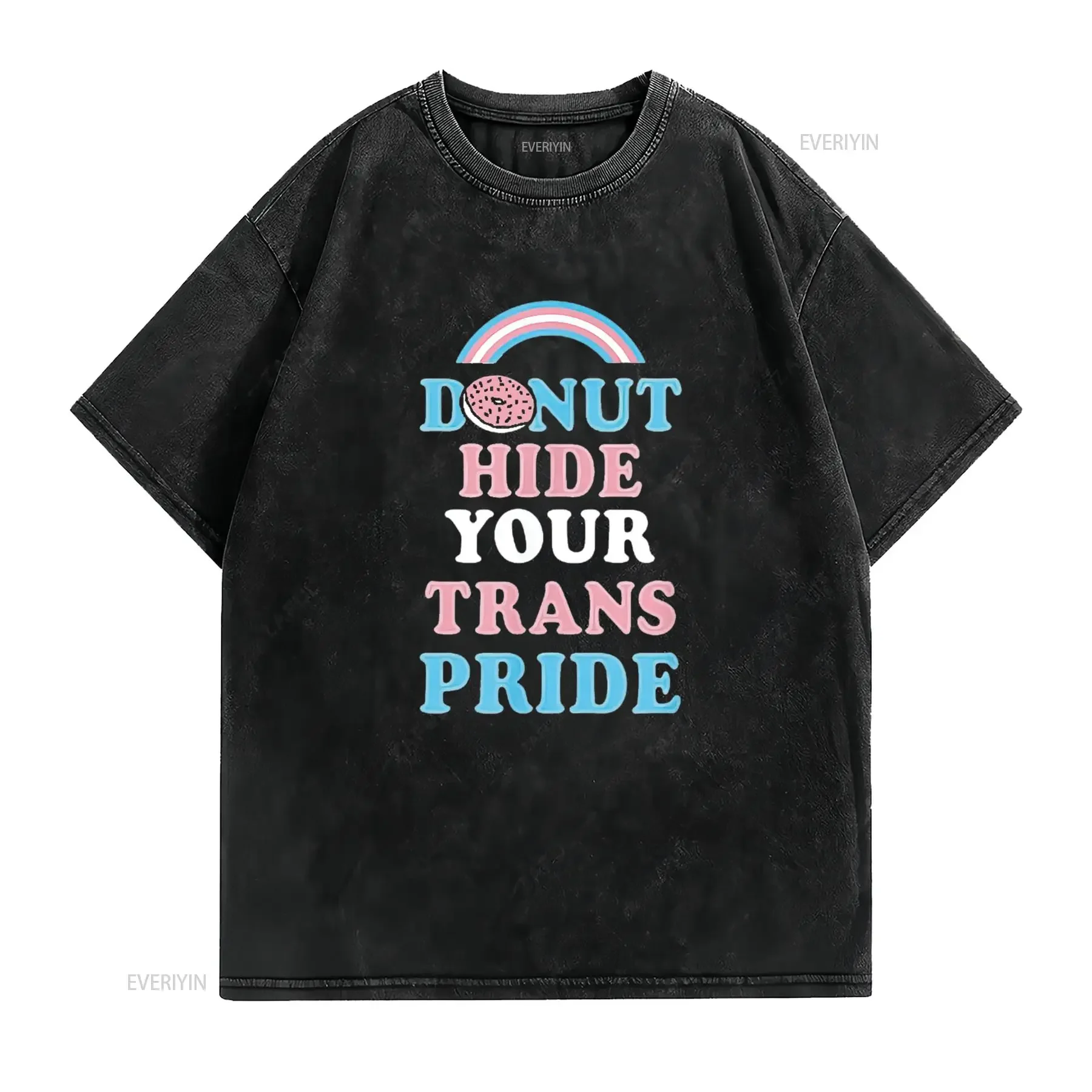 Donut Hide Your Trans Pride Rainbow Transgender Stuff Cute Womens T Shirt Black vintage Washed Stretched Top For Everyday Wear
