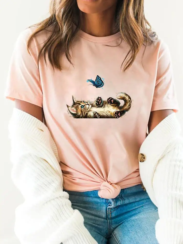 

Short Sleeve Print T Shirt Summer Top Basic Women Cat Butterfly Lovely Trend Tee Clothes Fashion Clothing Graphic T-shirts