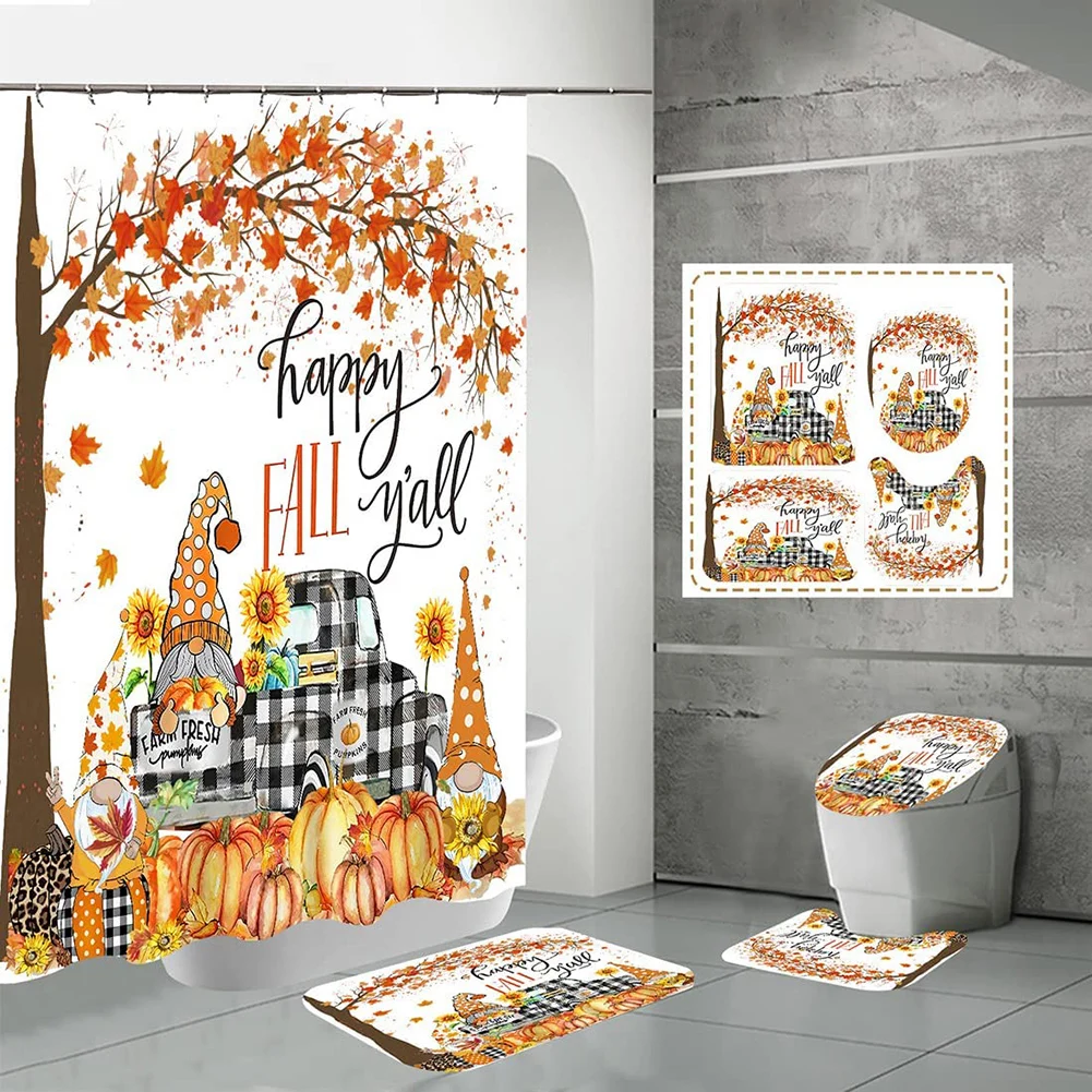 4pcs Halloween Printing Bathroom Accessories Set Waterproof Shower Curtain Non Slip Mat Toilet Cover Bathroom Decoration Kit