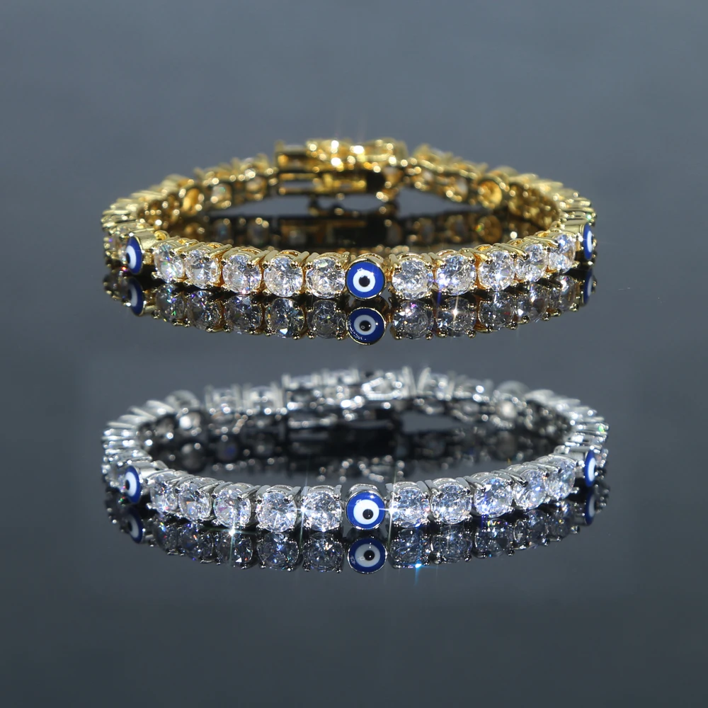 5MM 5A Sparking Bling White Cubic Zirconia CZ Blue Enamel Evil Eye Charm Tennis Women Bracelet