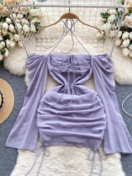 Foamlina Sexy Lace-up Halter Off Shoulder Mesh Dress Women Elegant Summer Long Flare Sleeve Slim Ruched Mini Beach Party Dress