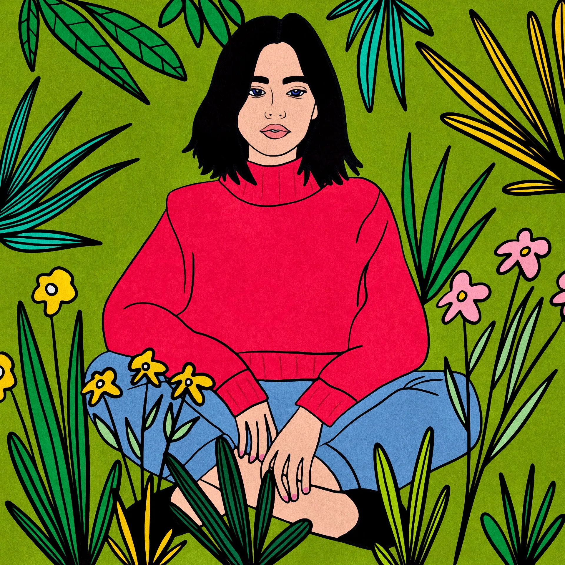 

Bold Line Art Girl In Wild Flowers Jigsaw Puzzle, Vivid Green Background Floral Portrait Living Room Wall Decor