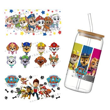 11*24cm 뜨거운 판매 만화 개 발 패턴 UV DTF 랩 DIY 16oz Libbey 유리 컵 방수 전사 술 컵 스티커 어린이 소년