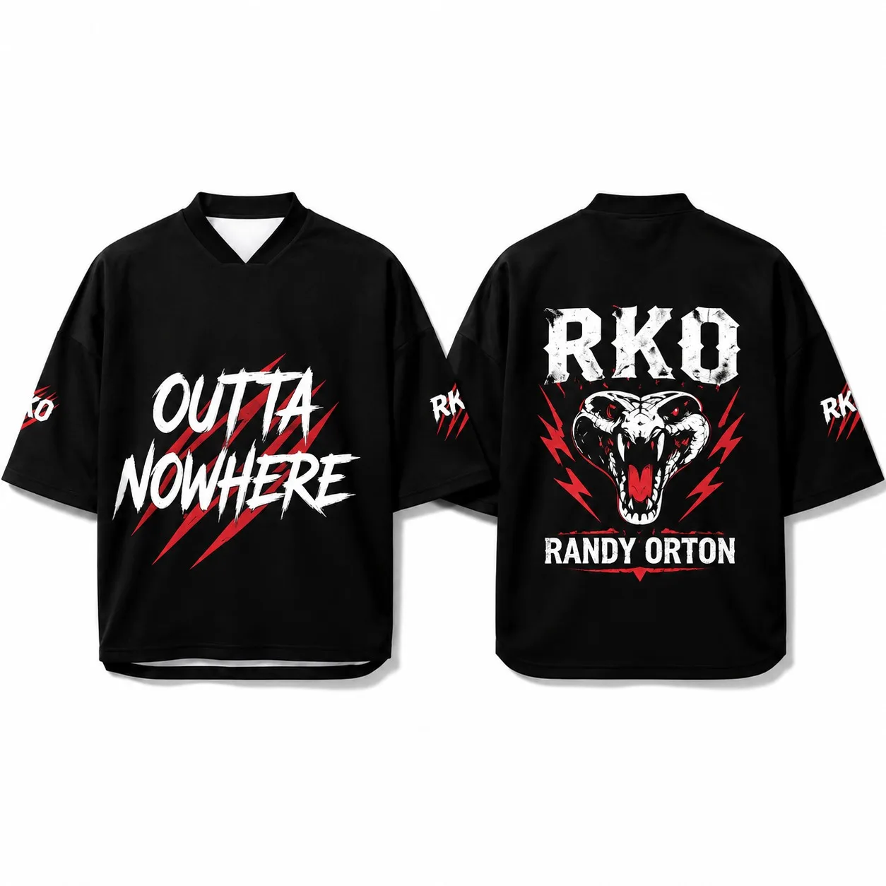 Schwarzer RKO Randy Orton Wrestling-Anzug mit Viper-Schlangenmuster, V-Ausschnitt, lockeres, kurzärmeliges Street-Wrestling-Fan-T-Shirt für Männer und Frauen – Detail 6