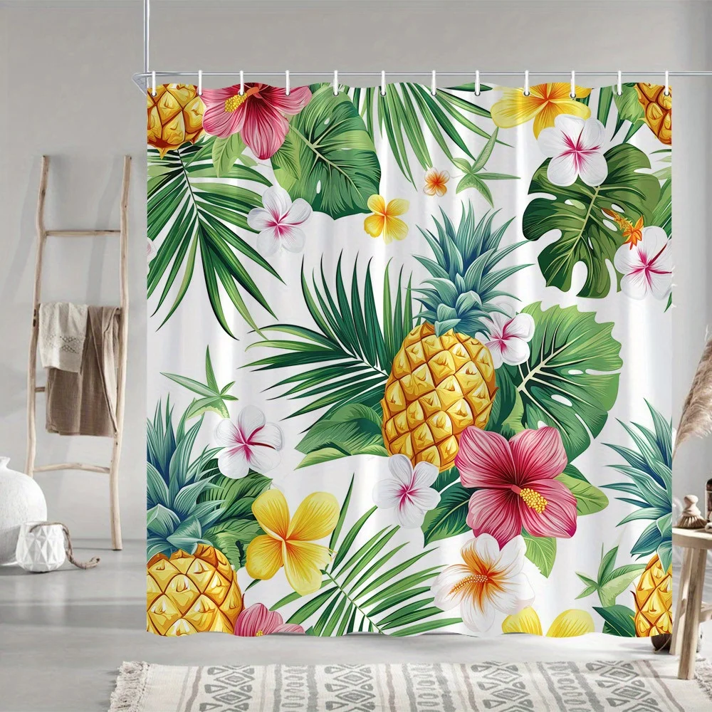 Tropical Paradise Shower Curtain - Vibrant Pineapples and Exotic Flowers for Bathroom Decor - Bright and Cheerful Home