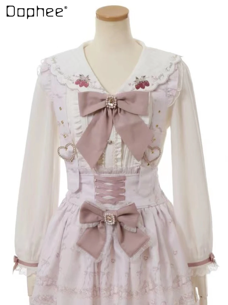 Japanese Style Lolita Suspender Skirt Mine Mass-Produced Ribbon Bow Diamond-Embedded Heart Buckle Removable Printed Strap Skirts