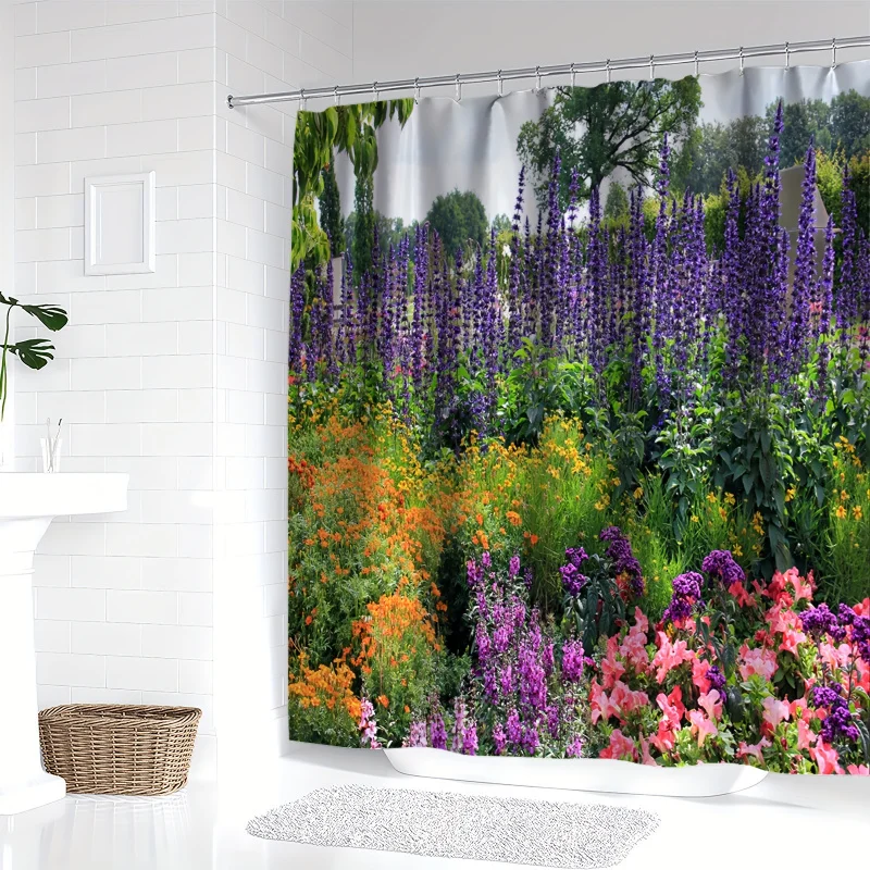 YWJHUI Water-Resistant Polyester Shower Curtain with Floral Garden Digital Print - Includes Hooks, Machine Washable, Woven Knit