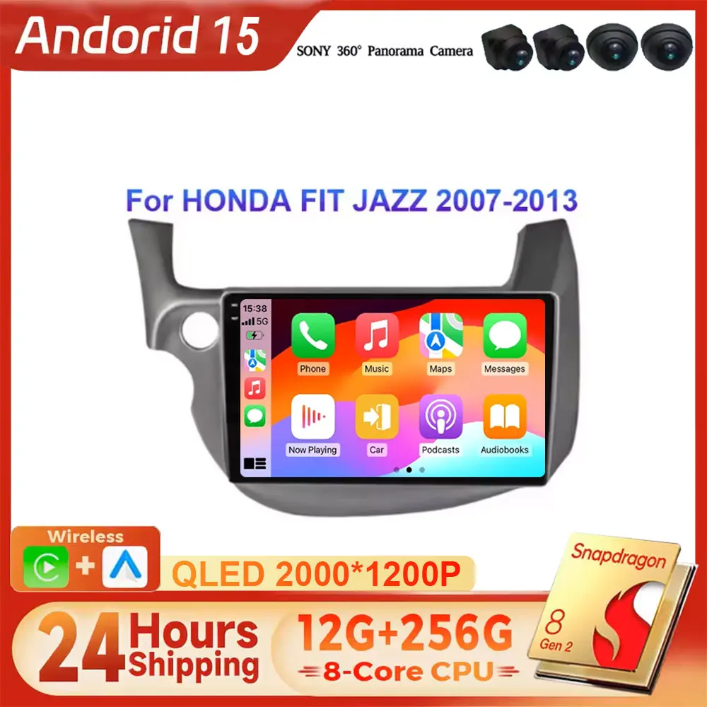 Android 15 Carplay Auto For HONDA FIT JAZZ LHD 2007 2008 - 2013 Car Radio GPS BT Player Navigation  Multimedia Stereo Video